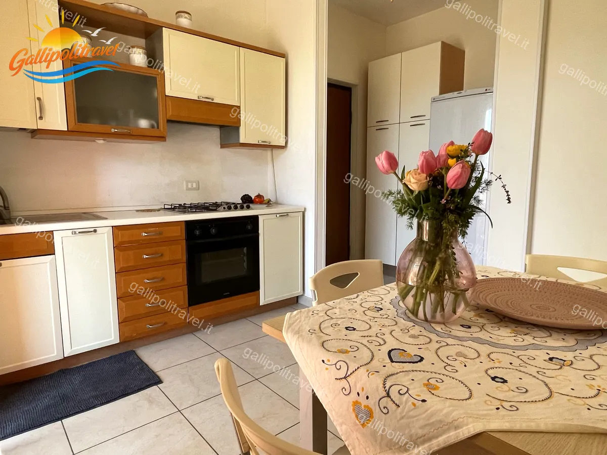 Kitchen with fridge and wall units of the three-room apartment Yellow, Residenza Marina Baia Verde
