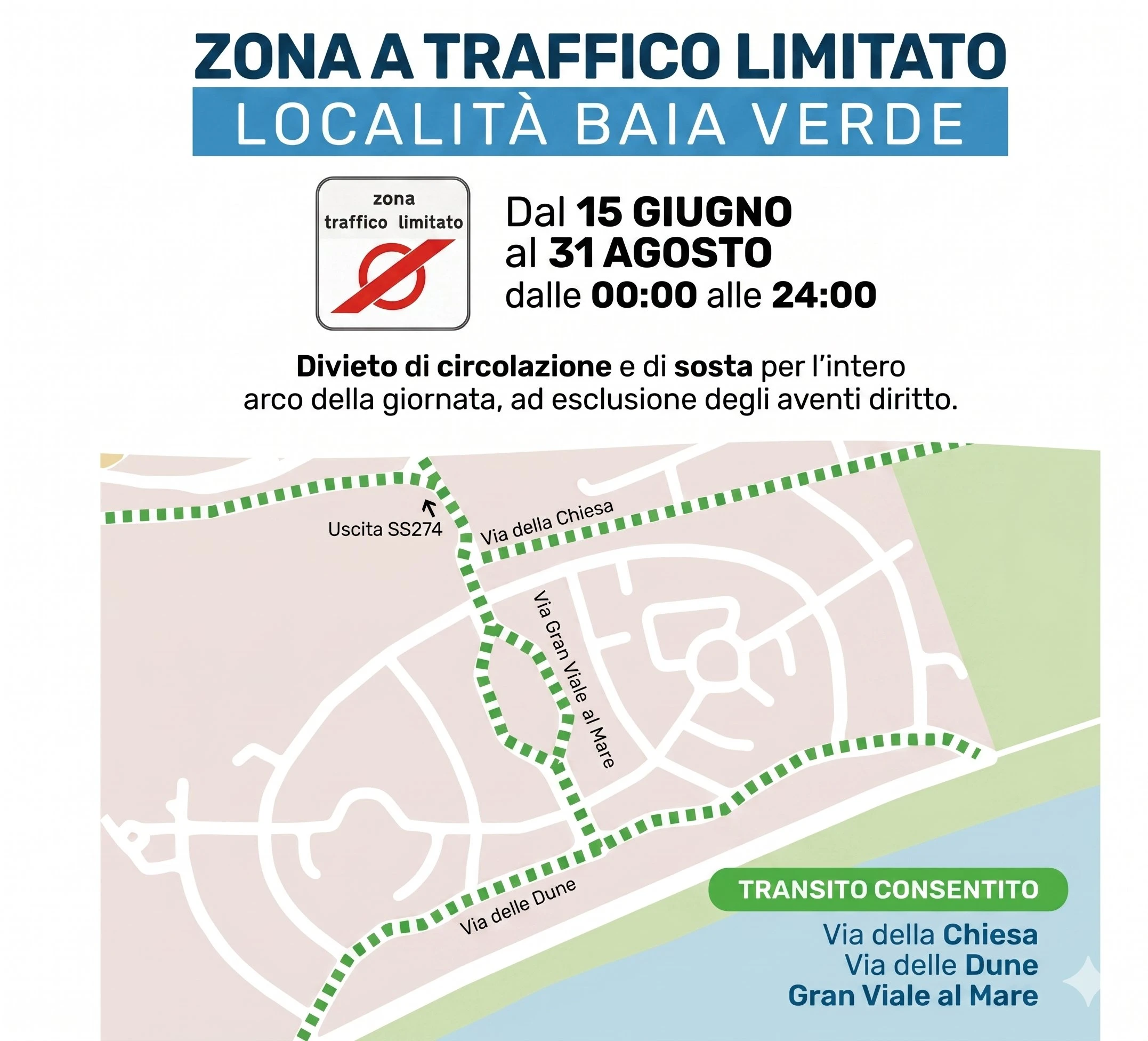 Mappa ZTL Baia Verde Gallipoli, zona a traffico limitato attiva dal 15 giugno al 31 agosto, strade consentite evidenziate