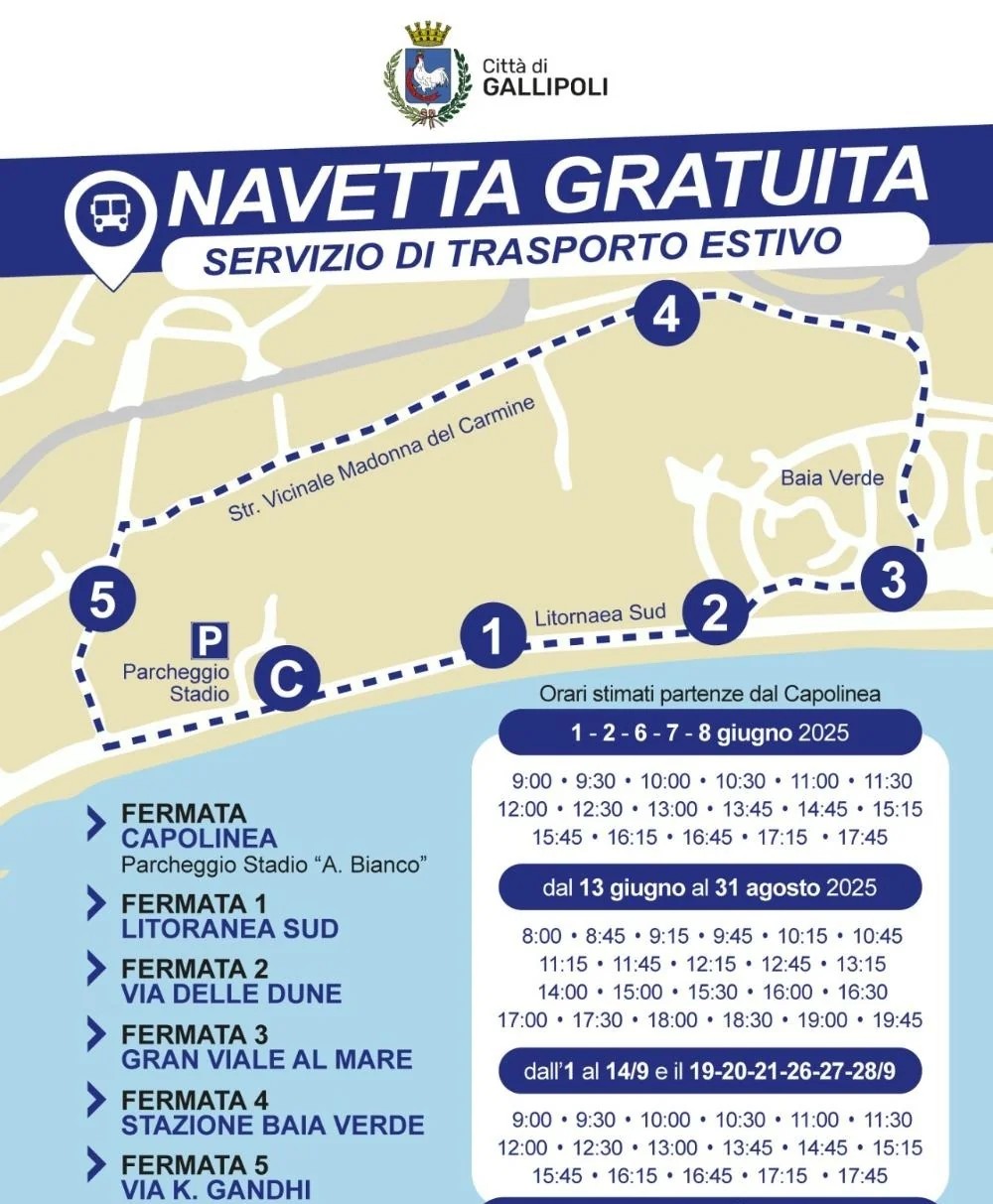 Mappa e orari navetta gratuita Gallipoli Baia Verde: percorso con 5 fermate dal Parcheggio Stadio a Via Gran Viale al Mare